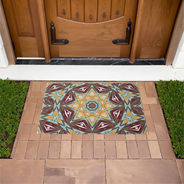 Mustard Yellow Red Brown Aqua Mandala Tribal Art Doormat (Outdoor)