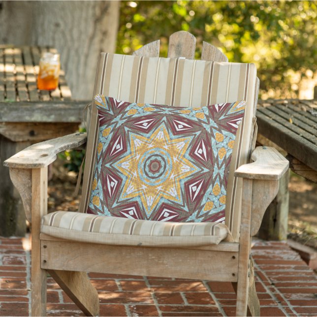 Mustard Yellow Red Brown Aqua Mandala Tribal Art Outdoor Pillow (Chair)