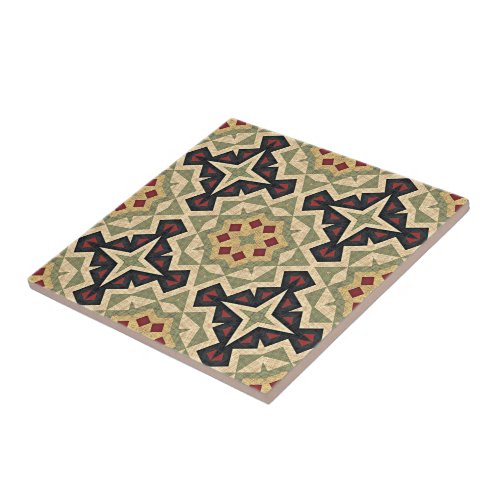 Mustard Yellow Red Olive Green Ethnic Tribe Art Ceramic Tile