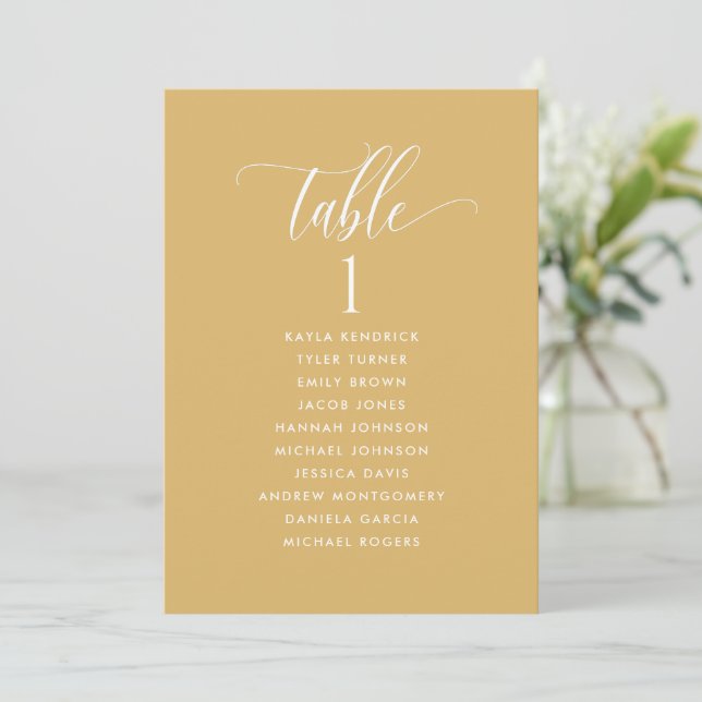 Mustard Yellow Seating Plan Cards with Guest Names (Standing Front)