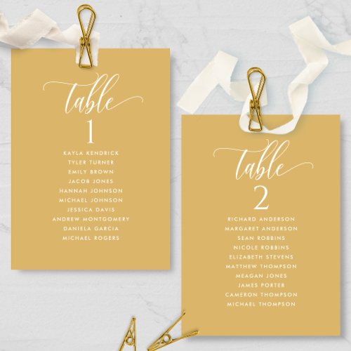 Mustard Yellow Seating Plan Cards with Guest Names