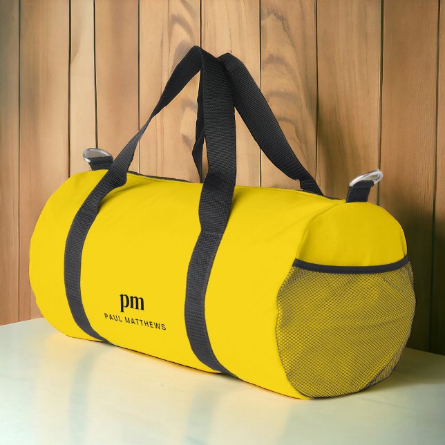 Mustard Yellow Simple Minimal Monogram and Name Duffle Bag (Personalize with your initials and name.)