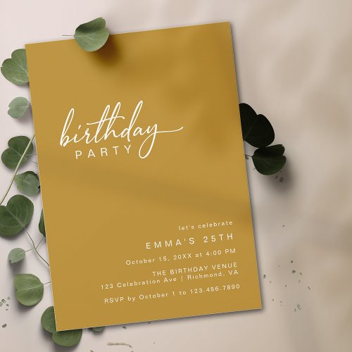 Mustard Yellow  Simple Modern Boho Chic Birthday Invitation