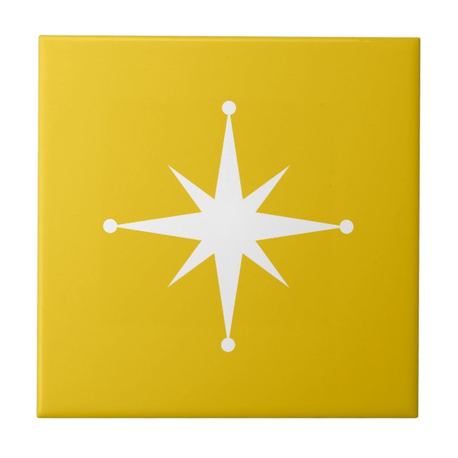 mustard Yellow Starburst Mid Century Modern Retro Ceramic Tile (Front)