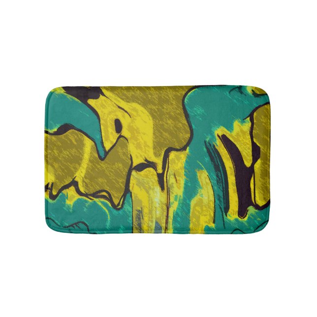 Mustard Yellow Teal Abstract Bathroom Mat (Front)