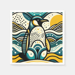 Mustard Yellow Teal Blue Penguin In Abstract Waves Napkins