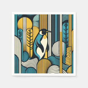 Mustard Yellow Teal Blue Penguin In Retro Geometry Napkins