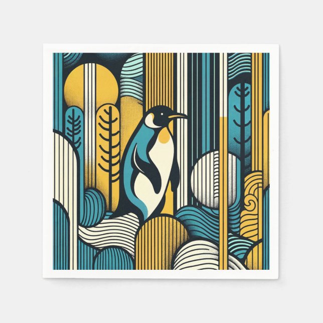 Mustard Yellow Teal Blue Penguin In Retro Geometry Napkins (Front)