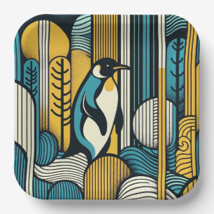 Mustard Yellow Teal Blue Penguin In Retro Geometry Paper Plates