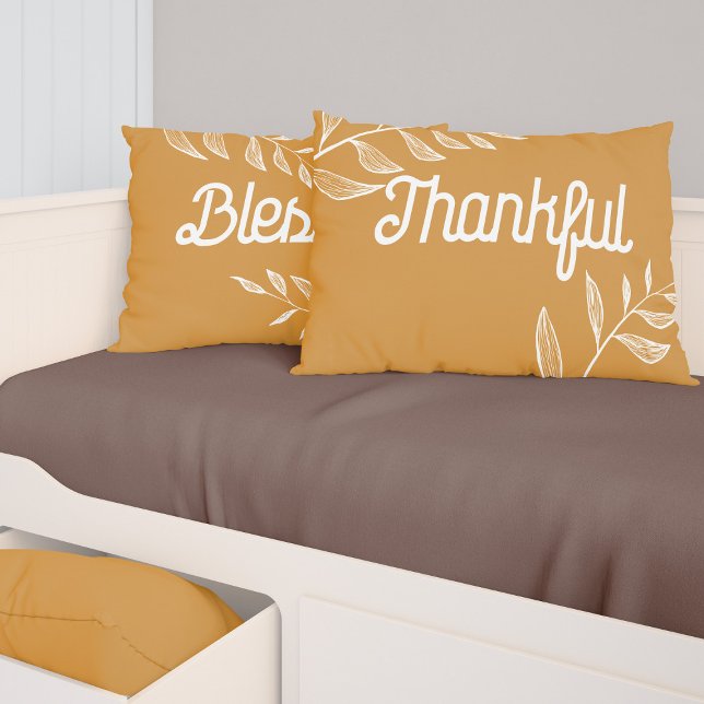 Mustard Yellow Thankful & Blessed Retro Typography Lumbar Pillow (Creator Uploaded)