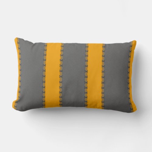 Mustard yellow vertical stripes stitched on grey lumbar pillow