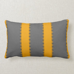 Mustard yellow vertical stripes, stitched on grey lumbar pillow
