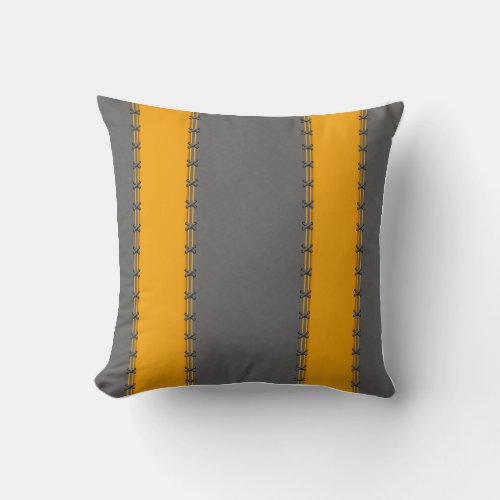 Mustard yellow vertical stripes stitched on grey throw pillow