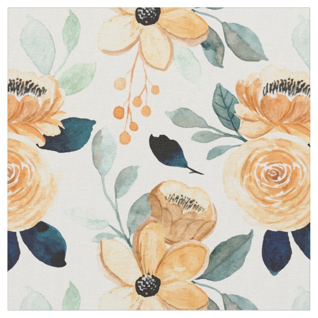 Mustard Yellow Watercolor Flowers Green Leaves Fabric (Close Up)