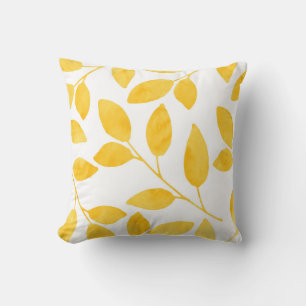 Mustard Yellow Watercolor Leaves Throw Pillow