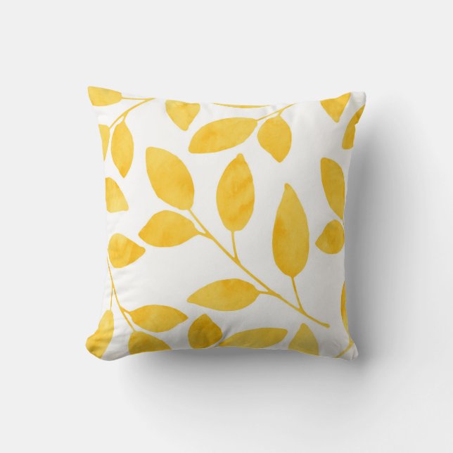 Mustard Yellow Watercolor Leaves Throw Pillow (Front)