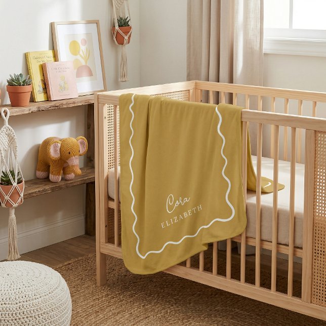 Mustard Yellow Wavy Border Monogrammed Baby Blanket (Creator Uploaded)