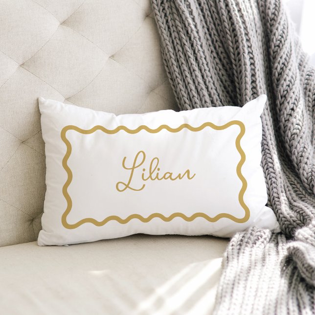 Mustard Yellow Wavy Scallop Frame Monogram Lumbar Pillow (Creator Uploaded)