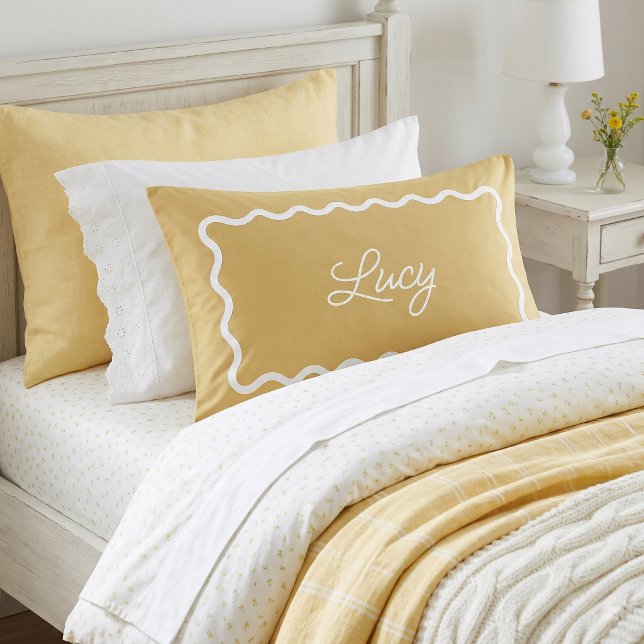 Mustard Yellow Wavy Scallop Frame Monogram Pillow Case (Creator Uploaded)
