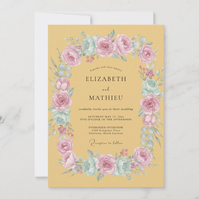 Mustard Yellow Whimsical Rose Wedding Invitation (Front)