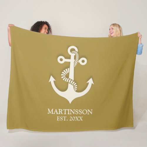 Mustard Yellow White Anchor Name Date Nautical  Fleece Blanket