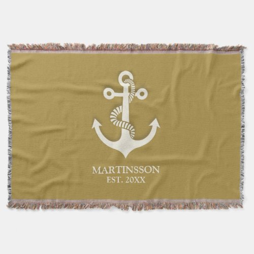 Mustard Yellow White Anchor Name Date Nautical   Throw Blanket