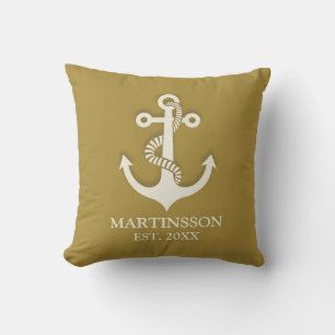 Mustard Yellow White Anchor Name Date Nautical Throw Pillow