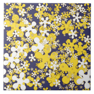 Mustard yellow, white, gold, navy blue, flowers ceramic tile