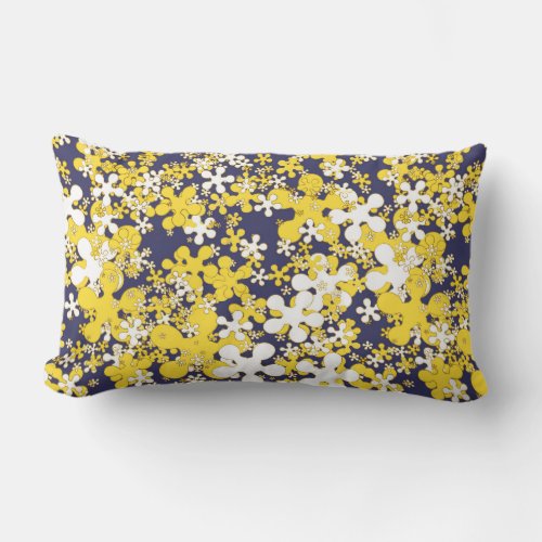 Mustard yellow white gold navy blue flowers lumbar pillow