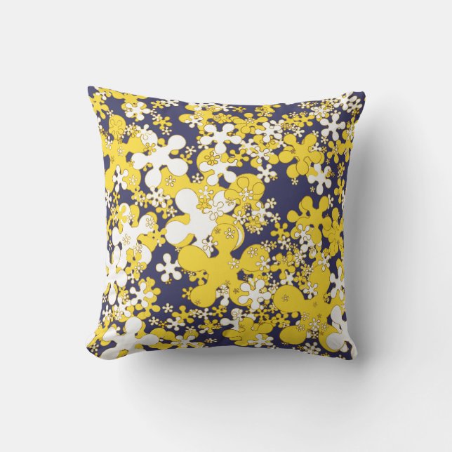 Mustard yellow, white, gold, navy blue, flowers throw pillow (Front)