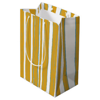 Mustard Yellow & White Hand-Painted Vertical Strip Medium Gift Bag