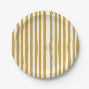 Mustard Yellow & White Hand-Painted Vertical Strip Paper Plates