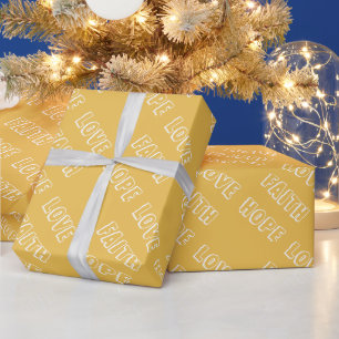 Mustard Yellow & White, Love Faith Hope Message Wrapping Paper