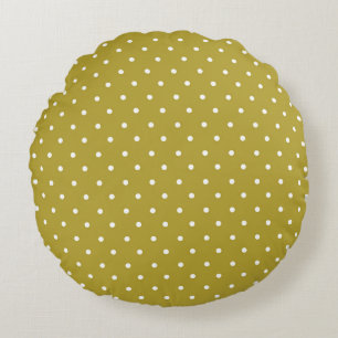 Mustard yellow white polka dots pattern Round Pillow