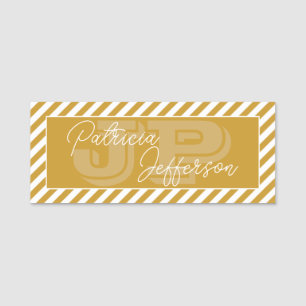 Mustard Yellow White Stripes Modern Monogram Name Tag