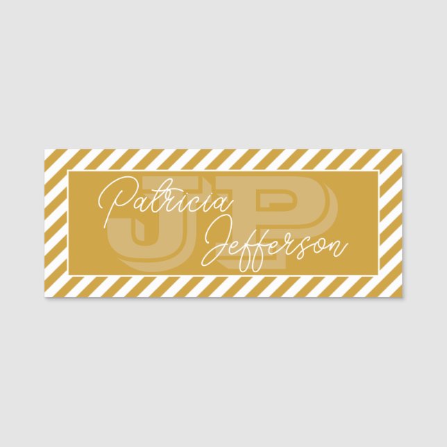 Mustard Yellow White Stripes Modern Monogram Name Tag (Front)