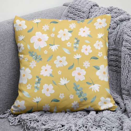 Mustard yellow  white watercolor flowers  foliage throw pillow