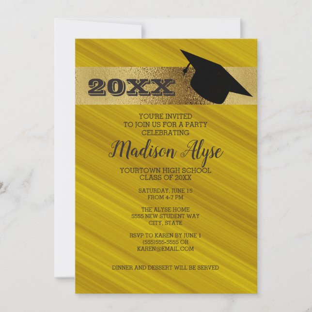 Mustard Yellow with Gold and Graduation Cap Party Invitation (Front)
