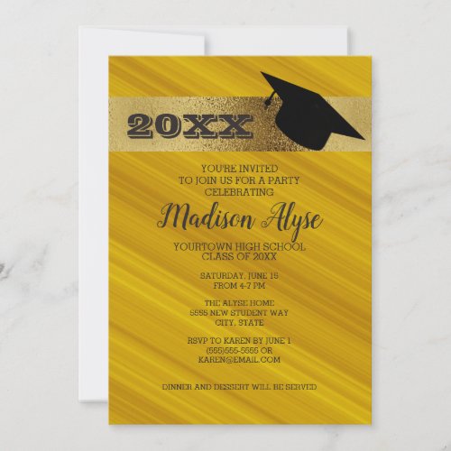 Mustard Yellow with Gold and Graduation Cap Party Invitation