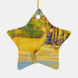Musturd Colored Deer with light blue Ceramic Ornament