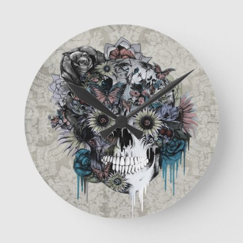 Mute sunflower skull damask round clock