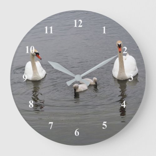 Mute Swan Cygnets Water Photo Large Clock