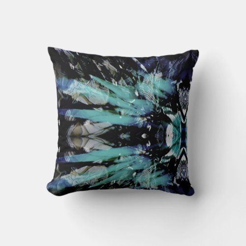 Muted Aqua Navy Black Gray Abstract Flower Motif Throw Pillow