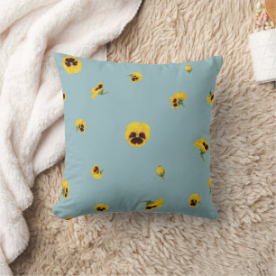 Muted Aqua Yellow Japanese Pansy Floral Pattern Throw Pillow