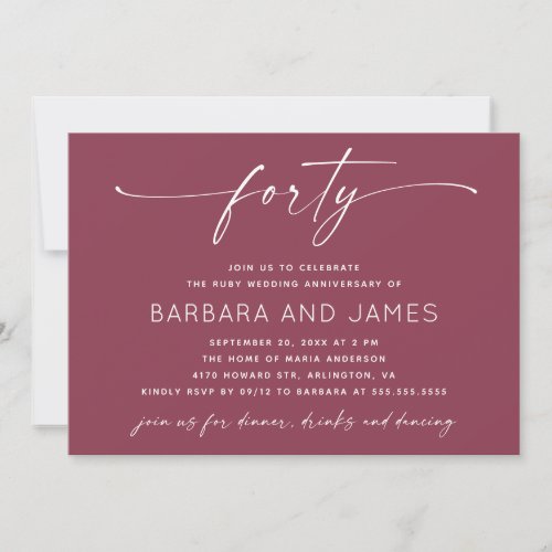 Muted Berry Rose 40th Wedding Anniversary Photo Invitation