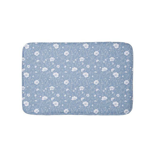 Muted Blue And White Wildflower Pattern Bath Mat (Front)