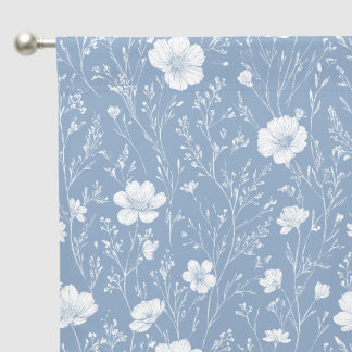 Muted Blue And White Wildflower Pattern Blackout Curtains
