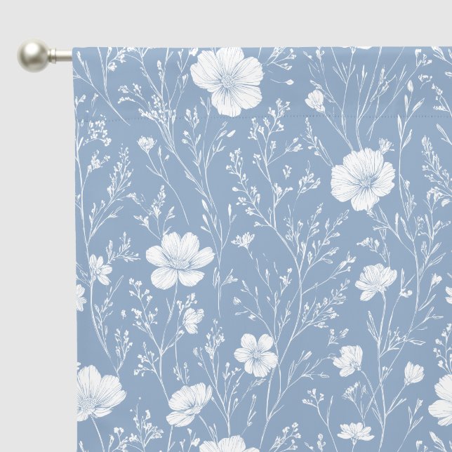 Muted Blue And White Wildflower Pattern Blackout Curtains (Pocket)