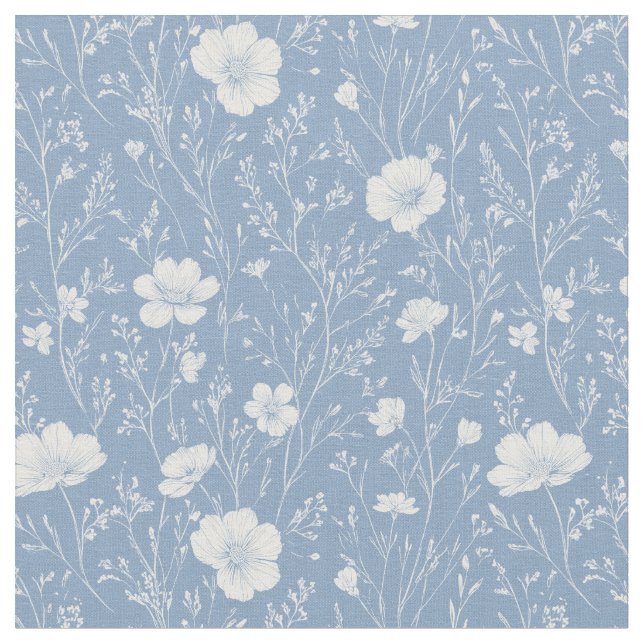 Muted Blue And White Wildflower Pattern Fabric (Close Up)