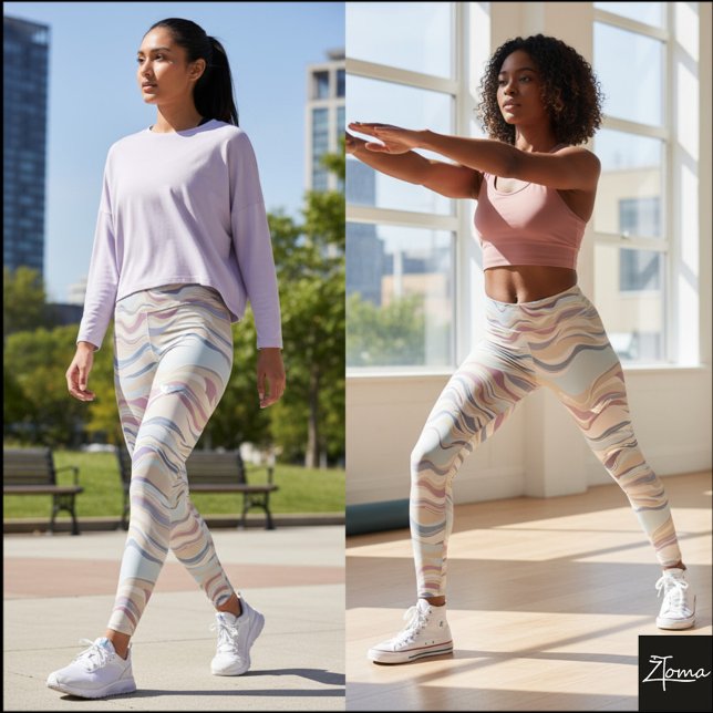 Muted Blue Beige Horizontal Flowing Wave Pattern Leggings (Creator Uploaded)